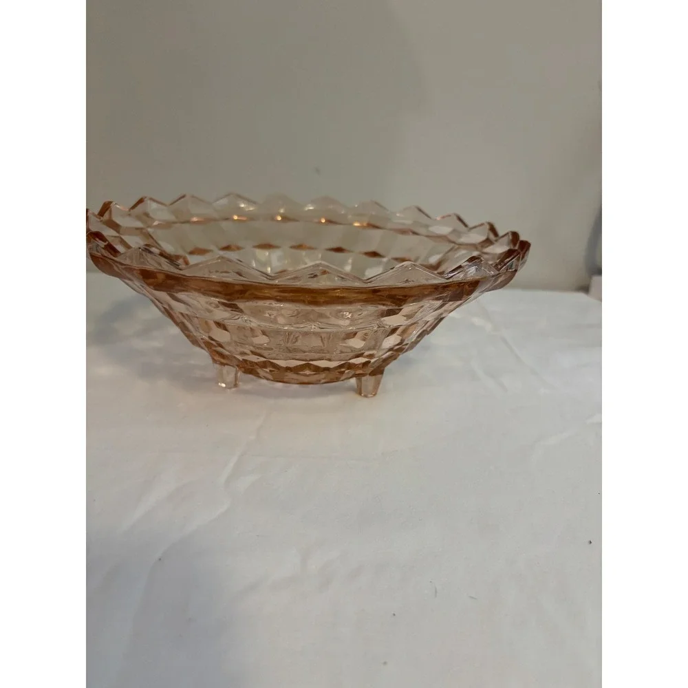 Vintage Pink Depression Glass Diamond Point Footed Bowl Sawtooth Rim